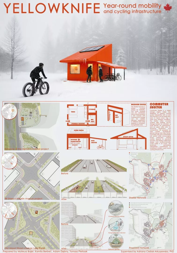 materiał graficzny ilustrujący projekt, z rysunkami ulic, planami ścieżek ischematem meijsca schronienia i wieloma innymi detalami