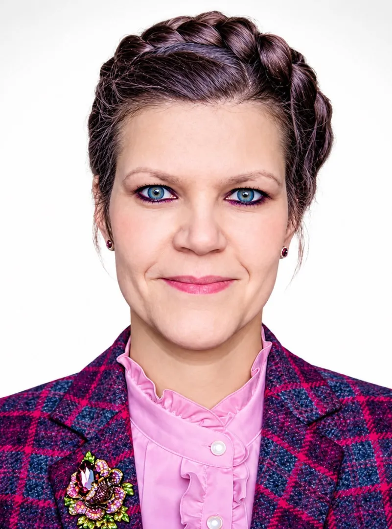 Portret uśmiechnietej kobiety z warkoczem zaplecionym wokół głowy. Ubrana jest w marynarkę w kratę , pod którą widać różową koszulę.  