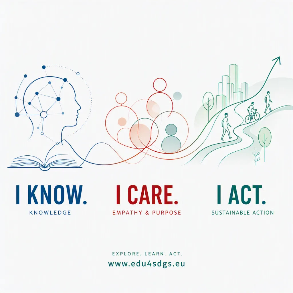 Kolorowa grafika ze słowami I Know, I Care I Act