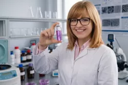 Młoda kobieta w okularach i białym fartuchu znajduje się w laboratorium chemicznym, trzymając w ręku fiolkę z fioletowym płynem